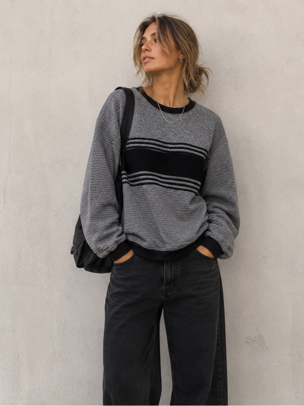 Vintage 1980s Riccardo stripe ribbed knit crewneck sweatshirt - black grey